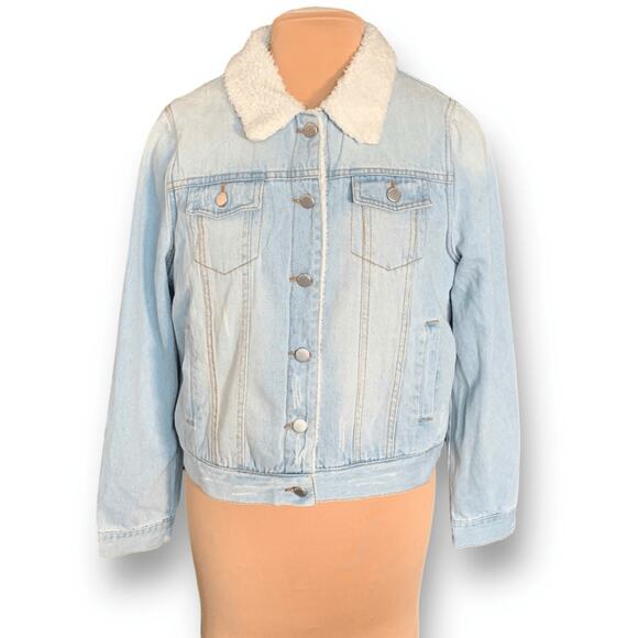 Ashley Vintage Charm Light Wash Sherpa Collar Denim Trucker Jacket Women’s XL - Picture 2 of 13